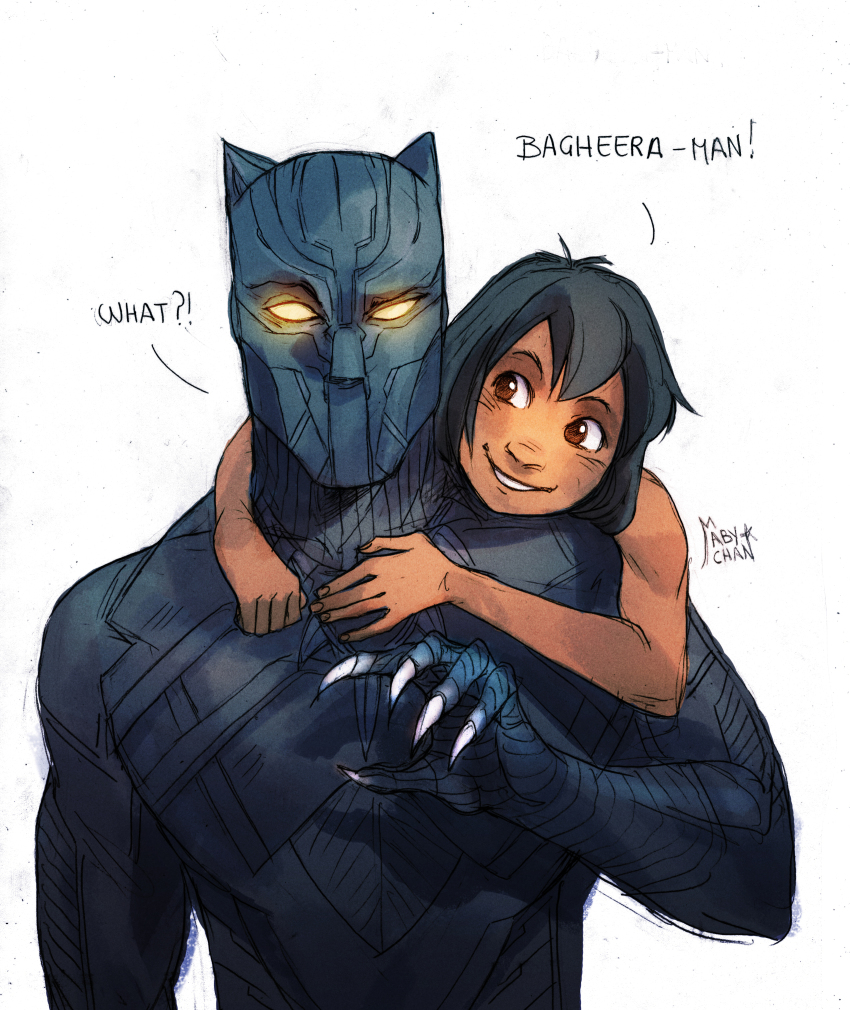 2boys absurdres age_difference animal_ears animification artist_name black_hair black_panther_(film) black_panther_(marvel) bodysuit cat_ears catsuit child claws commentary company_connection crossover dark-skinned_male dark_skin disney english_commentary english_text fake_animal_ears gloves glowing glowing_eyes highres mabymin male_focus marvel marvel_cinematic_universe mowgli multiple_boys onii-shota short_hair simple_background skin_tight smile standing superhero_costume teeth the_jungle_book white_background yellow_eyes
