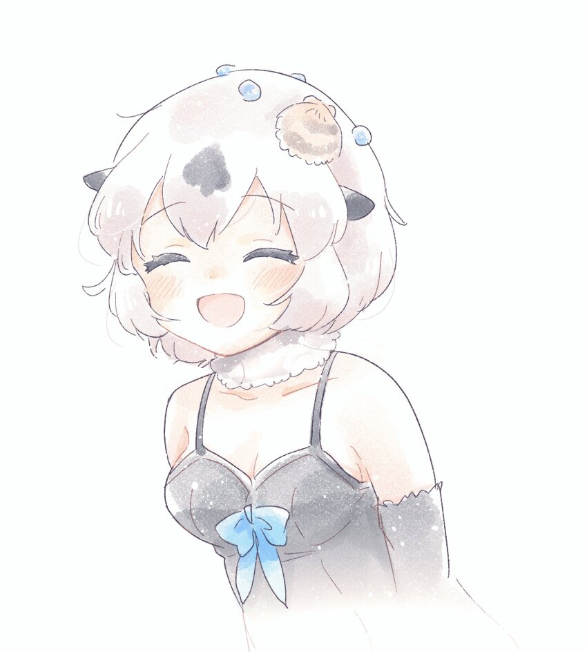 1girl animal_ears bare_shoulders black_gloves black_hair black_one-piece_swimsuit blue_bow blush bow californian_sea_otter_(kemono_friends) closed_eyes elbow_gloves fur_collar gloves hair_between_eyes highres kemono_friends kuromitsu_(9633_kmfr) multicolored_hair one-piece_swimsuit open_mouth otter_ears otter_girl shell_hair_ornament short_hair sidelocks sleeveless smile solo spaghetti_strap swimsuit two-tone_hair upper_body white_fur white_hair