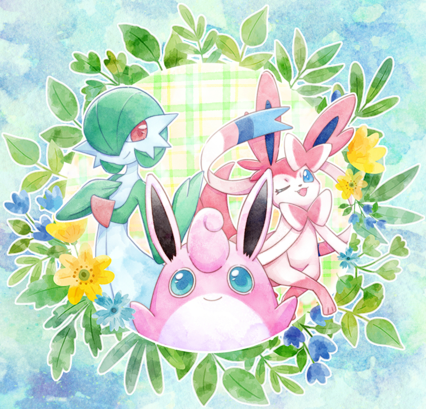 1girl :3 absurdres arms_up blue_border blue_eyes blue_flower bob_cut border bow bowtie closed_mouth ear_bow fang flower gardevoir gen_1_pokemon gen_3_pokemon gen_6_pokemon green_hair hair_over_one_eye hand_on_own_chest hands_up happy highres looking_at_viewer misubaru_rin nintendo one_eye_closed one_eye_covered open_mouth outline outside_border pink_bow pink_bowtie plaid_background pokemon pokemon_(creature) red_eyes ribbon short_hair smile straight-on sylveon traditional_bowtie upper_body white_outline white_ribbon wigglytuff yellow_flower