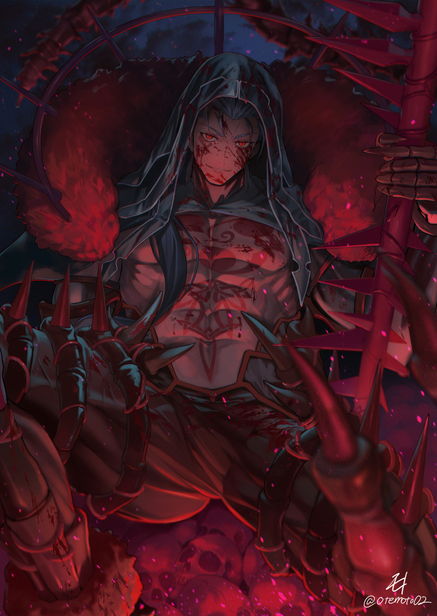 1boy absurdres black_bodysuit black_cape black_gloves black_hair blood blood_on_chest blood_on_clothes blood_on_face bodysuit cape chest_tattoo cowboy_shot cu_chulainn_(fate) cu_chulainn_alter_(fate) cu_chulainn_alter_(third_ascension)_(fate) detached_hood earrings elbow_gloves fate/grand_order fate_(series) gae_bolg_(fate) gloves grin hair_over_shoulder highres holding holding_polearm holding_weapon jewelry legs_apart long_hair looking_at_viewer male_focus mitsudomoe_(shape) moto_(otemoto02) muscular muscular_male navel polearm red_eyes sharp_teeth signature skull smile solo spikes standing tattoo teeth tomoe_(symbol) twitter_username weapon