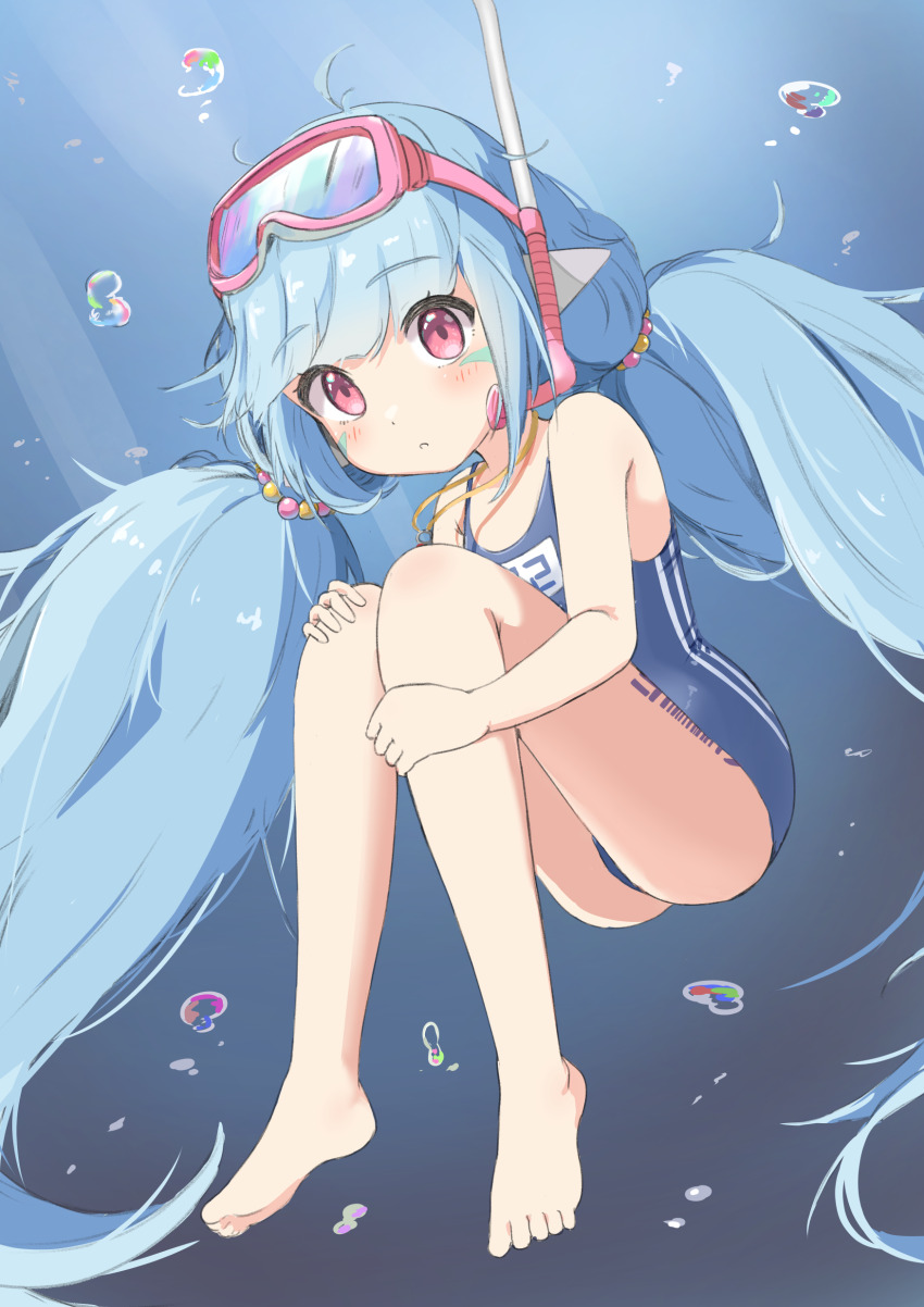 1girl absurdres air_bubble bare_arms bare_legs bare_shoulders barefoot beads big_hair blue_hair blue_one-piece_swimsuit bubble closed_mouth competition_swimsuit diving_mask eyewear_on_head facial_mark full_body goggles guardian_tales hair_beads hair_ornament hand_on_own_knee hand_on_own_leg highres knees_to_chest knees_together_feet_apart knees_up leg_tattoo light_blush little_android_aa72 long_hair looking_at_viewer low_twintails naturegreen_tea one-piece_swimsuit red_eyes snorkel solo swimsuit tattoo toes twintails underwater very_long_hair water
