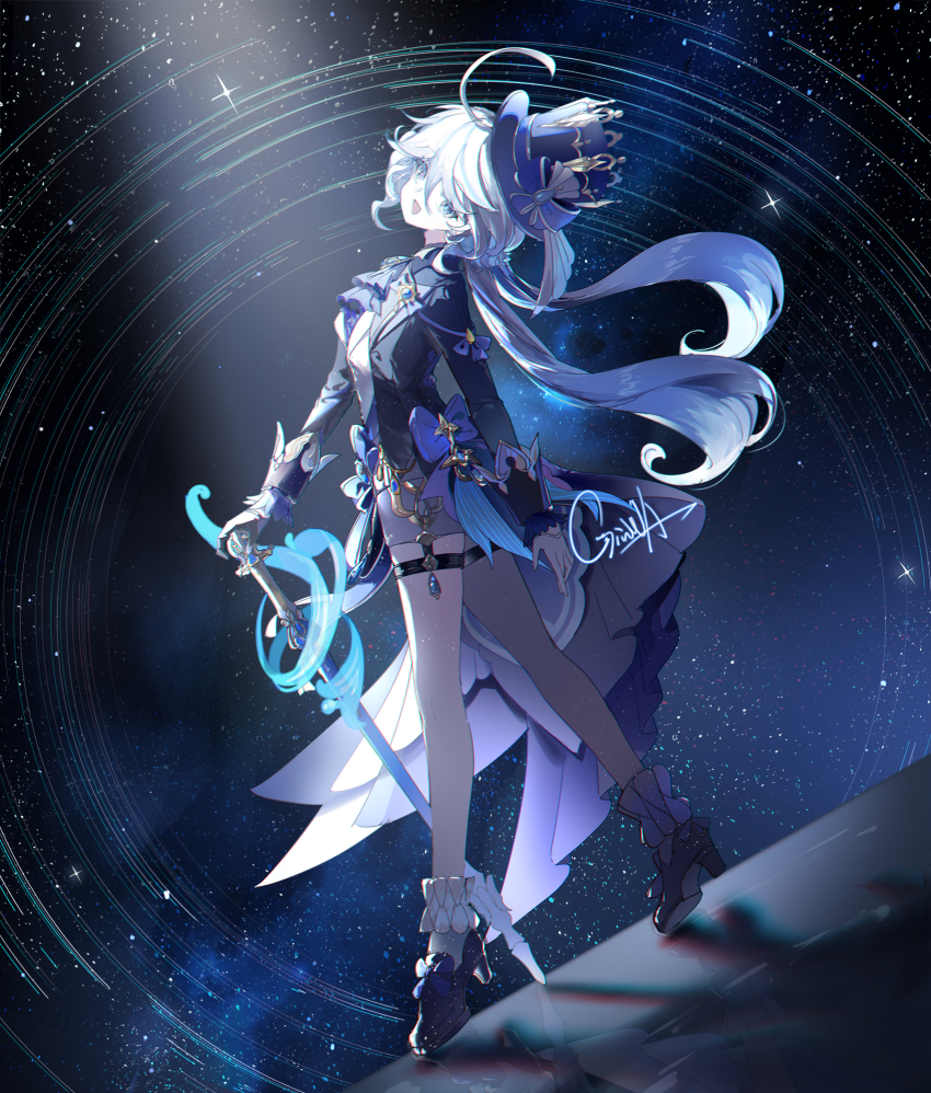 1girl :d ahoge ascot bare_legs black_jacket black_shoes blue_ascot blue_eyes blue_hat chinese_commentary commentary diffraction_spikes from_side full_body furina_(genshin_impact) genshin_impact gloves hair_between_eyes half_gloves hat high_heels highres holding holding_sword holding_weapon huge_ahoge jacket long_hair low_twintails open_mouth shengxianxiaoyupian shoes shorts signature smile solo space star_(sky) star_trail suit_jacket sword tilted_headwear top_hat twintails weapon white_gloves white_hair white_shorts