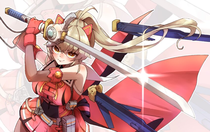 1girl ahoge amahara_nue animal_ears arms_up assault_lily bare_shoulders belt belt_pouch blush breasts brown_pantyhose buckle cat_ears closed_mouth commentary_request cowboy_shot cross-shaped_pupils crossed_bangs detached_sleeves fake_animal_ears fighting_stance fingerless_gloves floating_hair glint gloves grey_belt hair_between_eyes high_ponytail highres holding holding_sword holding_weapon kondou_misaka large_breasts light_brown_hair long_hair long_sleeves looking_at_viewer miniskirt neck_ribbon pantyhose pleated_skirt ponytail pouch red_gloves red_shirt red_skirt ribbon sailor_collar scabbard sheath shirt skirt sleeveless sleeveless_shirt smile snap-fit_buckle solo standing sword symbol-shaped_pupils two-handed v-shaped_eyebrows waist_cape weapon white_background white_sailor_collar yellow_eyes yellow_ribbon zoom_layer