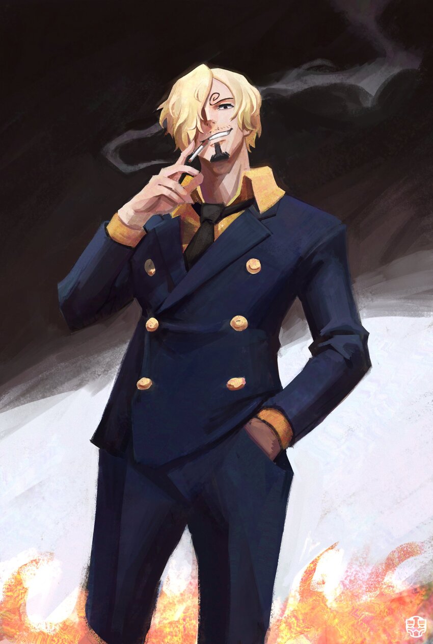 1boy absurdres black_eyes black_necktie blonde_hair cigarette commentary curly_eyebrows english_commentary facial_hair formal_clothes goatee hair_over_one_eye hand_in_pocket highres kaerruu long_sleeves looking_at_viewer male_focus mouth_hold mustache_stubble necktie one_eye_covered one_piece orange_shirt sanji_(one_piece) shirt short_hair signature smile smoke solo stubble suit teeth