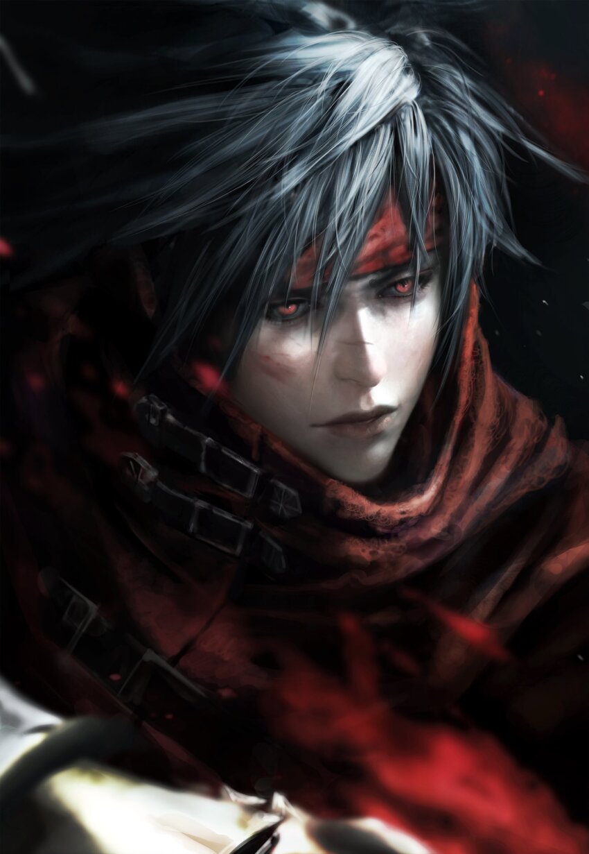 1boy black_background black_hair bruise bruise_on_face cape cloak closed_mouth final_fantasy final_fantasy_vii gauntlets hair_between_eyes headband highres injury lips long_hair male_focus red_cape red_cloak red_eyes red_headband single_gauntlet solo spiked_hair upper_body vincent_valentine weweired9