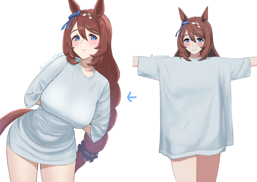 1girl absurdres alternate_costume animal_ears arms_behind_back blue_bow blue_eyes blush bow braid braided_ponytail breasts closed_mouth commentary_request cowboy_shot ear_bow highres horse_ears horse_girl large_breasts long_hair meme multiple_views oekakikamui pajamas_challenge_(meme) shirt simple_background smile standing super_creek_(umamusume) t-shirt twitter_username umamusume very_long_hair white_background