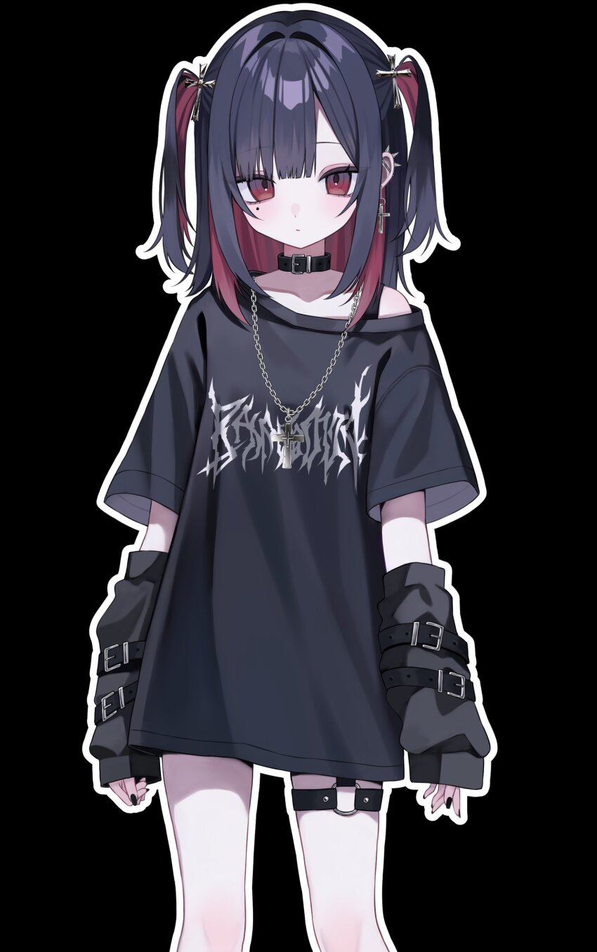 1girl absurdres belt_collar black_background black_hair black_nails black_shirt bra_strap collar cross cross_earrings cross_hair_ornament cross_necklace detached_sleeves dot_nose earrings expressionless feet_out_of_frame garter_straps hair_ornament highres jewelry long_shirt long_sleeves looking_at_viewer metal_band_text mole mole_under_eye multicolored_hair necklace o-ring_garter_straps original red_eyes red_hair shirt short_hair short_sleeves short_twintails simple_background single-shoulder_shirt single_off_shoulder sleeve_belt solo spiked_ear_piercing squallea standing tachi-e twintails two-tone_hair