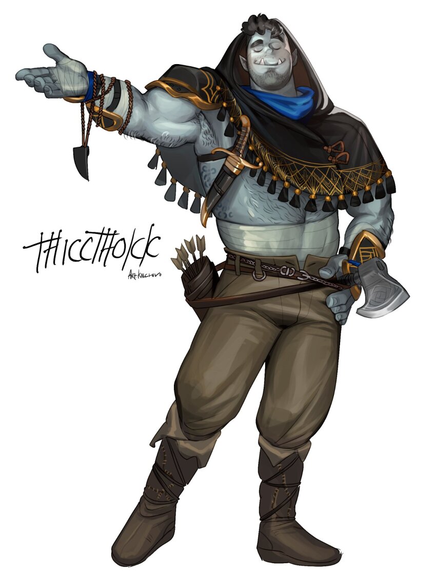 1boy alternate_costume arm_hair armpit_hair armpit_peek arrow_(projectile) axe bandaged_arm bandages bara beard_stubble biceps black_hair blue_skin body_freckles chivo_(kalchivo) closed_eyes colored_skin commission covered_abs dagger facial_hair freckles full_body hairy highres holding holding_axe hood hood_up knife large_pectorals male_focus mature_male midriff_sarashi monster_boy muscular muscular_male mustache_stubble orc original outstretched_arm pectorals pointy_ears quiver raised_eyebrow sarashi second-party_source sheath sheathed short_hair smug solo stubble thicc_thokk_(jpsr388) thick_eyebrows tusks u_u undercut vambraces weapon white_background