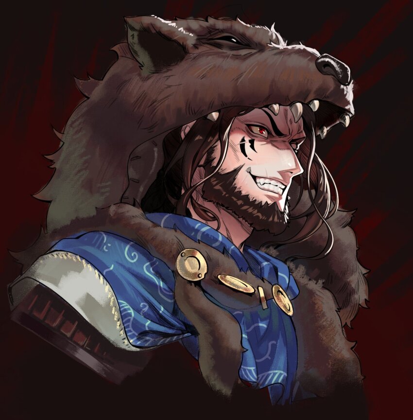 1boy animal_hood barbarian bear_hood bear_pelt beard brown_hair cloak close-up facial_hair facial_mark fur_cloak gemi_ningen grin highres hood male_focus original pathfinder pelt red_eyes simple_background smile solo teeth