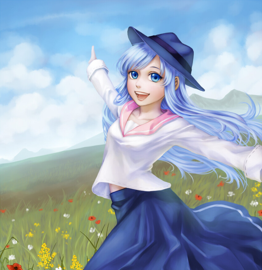1girl :d blouse blue_eyes blue_hair blue_hat blue_skirt blue_sky breasts cloud collarbone day eyelashes floating_hair flower grass hat highres jioko_(ckraud) light_blue_hair long_hair long_skirt long_sleeves looking_at_viewer lorna mabinogi mountain mountainous_horizon open_mouth outdoors outstretched_arms pink_sailor_collar red_flower sailor_collar shirt skirt sky small_breasts smile solo spread_arms swept_bangs teeth white_flower white_shirt yellow_flower