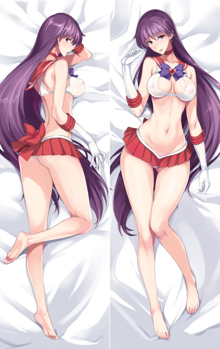 1girl ass barefoot bishoujo_senshi_sailor_moon breasts choker curvy dakimakura_(medium) feet female_focus gloves highres hino_rei inner_senshi isao long_hair looking_at_viewer lying medium_breasts multiple_views navel nipples panties purple_hair red_choker red_sailor_collar sailor_collar sailor_mars sailor_senshi see-through_clothes shiny_skin toes underwear very_long_hair white_gloves