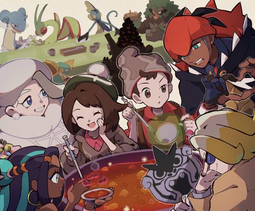 3boys 3girls :d beanie black_hoodie brown_eyes brown_hair cardigan closed_eyes closed_mouth coalossal collared_shirt commentary_request curry dark-skinned_female dark_skin drednaw dress earrings flygon food gen_1_pokemon gen_3_pokemon gen_8_pokemon genzou_(me_genzo) gloria_(pokemon) gordie_(pokemon) green_eyes green_headwear grey_cardigan grey_headwear hat headband heart heart_hands holding hood hood_down hoodie inteleon jewelry ladle lapras melony_(pokemon) multiple_boys multiple_girls nessa_(pokemon) nintendo open_mouth orange_headband paddle pink_dress pokemon pokemon_(creature) pokemon_swsh raihan_(pokemon) red_shirt rillaboom scarf shirt smile sparkle table tam_o&#039;_shanter teeth upper_teeth_only victor_(pokemon)
