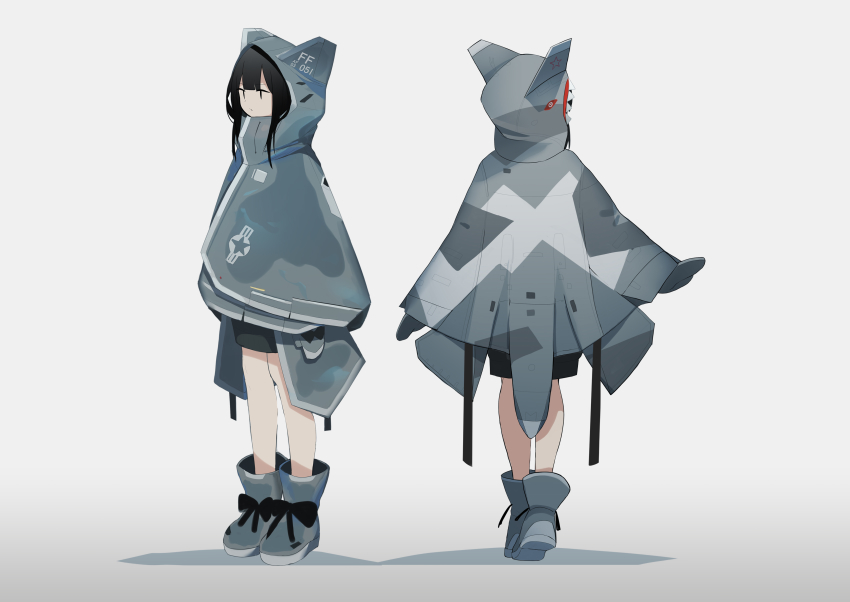 1girl absurdres back black_eyes black_hair blunt_bangs boots camouflage character_name cloak commentary_request f-22 f-22_raptor fami_(yellow_skies) full_body gradient_background highres hood hood_up hooded_cloak mittens multiple_views original sharp_teeth sidelocks standing su-57 teeth