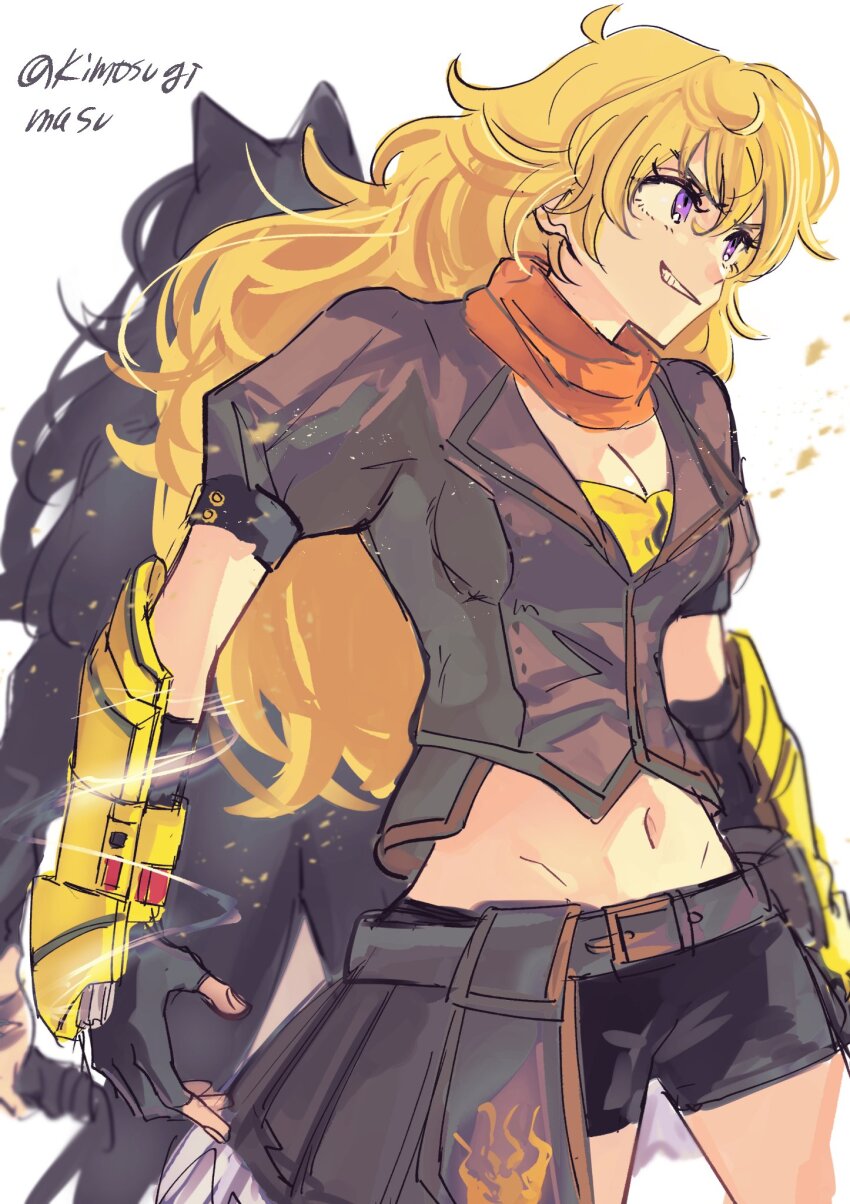 ahoge animal_ears belt blake_belladonna blonde_hair breasts cat_ears cleavage crop_top ember_celica_(rwby) highres jacket long_hair medium_breasts midriff multiple_girls naizo_(kimosugimasu) navel orange_scarf prosthesis prosthetic_arm purple_eyes rwby scarf shadow shorts simple_background wavy_hair yang_xiao_long