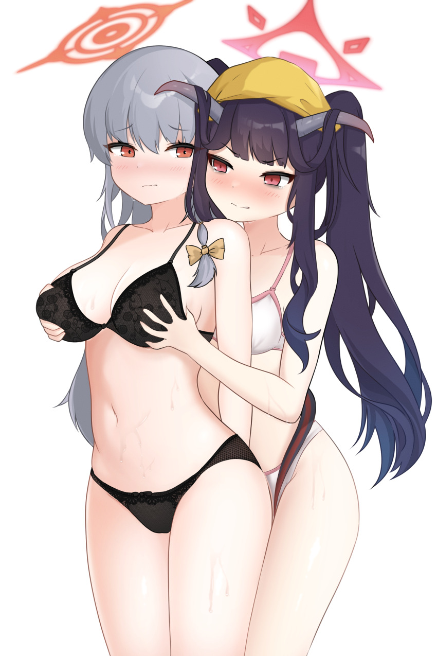 2girls absurdres blue_archive bra fuuka_(blue_archive) grabbing_another&#039;s_breast groping haruna_(blue_archive) headscarf highres hrna multiple_girls panties standing underwear white_background yellow_headscarf