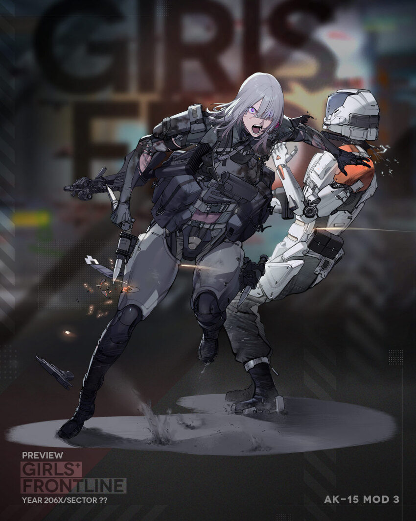 1girl ak-15 ak-15_(girls&#039;_frontline) ak-15_(mod3)_(girls&#039;_frontline) angry assault_rifle body_armor duoyuanjun girls&#039;_frontline gloves grey_hair gun hair_over_one_eye handgun highres holding holding_weapon holster kalashnikov_rifle long_hair mask midriff mod3_(girls&#039;_frontline) molle_vest mouth_mask mp-443_grach navel open_mouth paradeus pouch purple_eyes rifle running standing tactical_clothes weapon