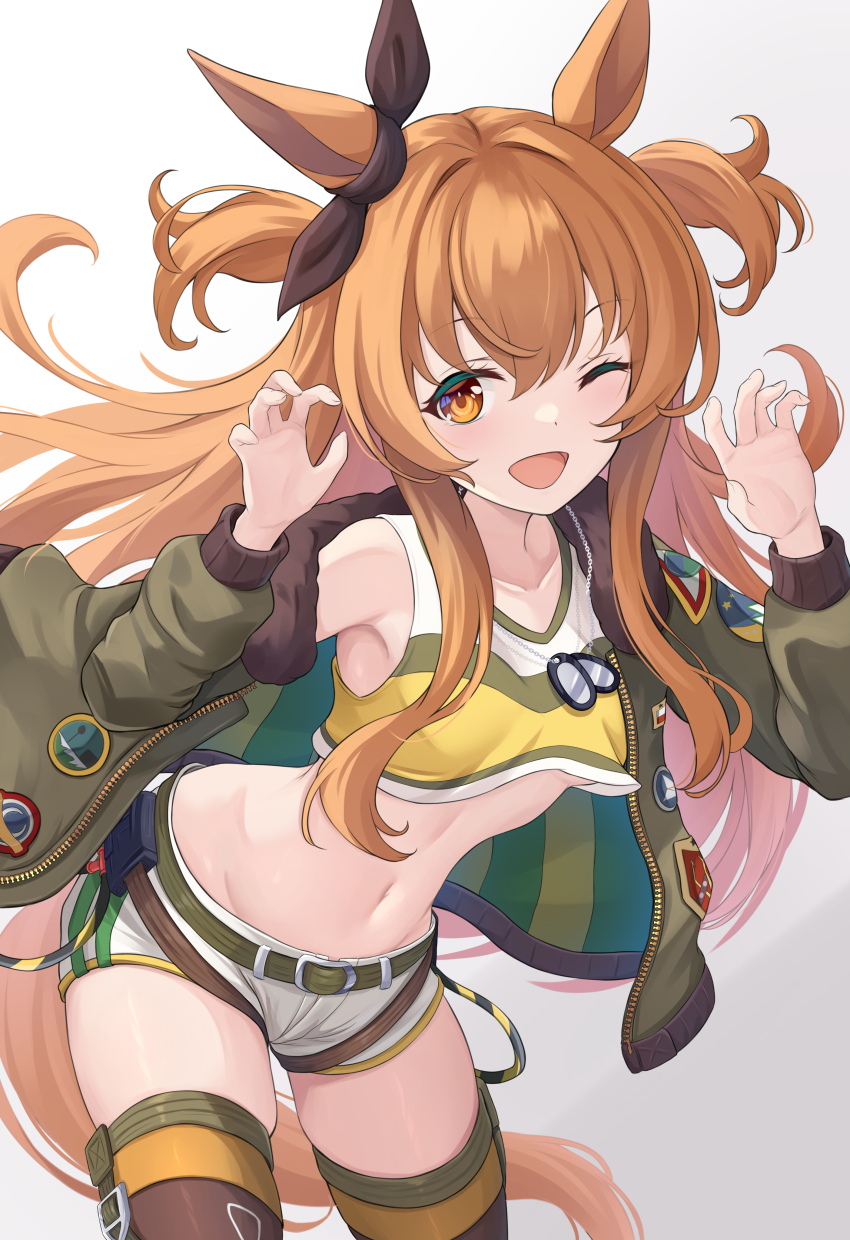 1girl ;d absurdres animal_ears black_ribbon bow commentary_request dog_tags ear_ribbon gradient_background green_jacket grey_background highres horse_ears horse_girl horse_tail jacket long_hair maimuu mayano_top_gun_(umamusume) midriff navel one_eye_closed open_mouth orange_eyes orange_hair ribbon shorts smile solo tail umamusume white_shorts