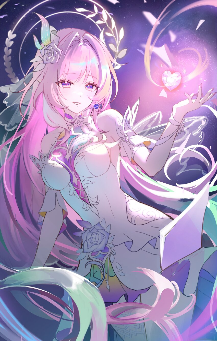 1girl absurdres armlet bare_shoulders breasts commentary cowboy_shot crystal cyrene_(honkai:_star_rail) cyrene_(ripples_of_past_reverie)_(honkai:_star_rail) diamond-shaped_pupils diamond_(shape) dress fingernails flower gradient_hair hair_flower hair_intakes hair_ornament hamo_(miyo_rmo2) hand_up heart highres honkai:_star_rail honkai_(series) jewelry long_hair medium_breasts multicolored_hair nail_polish parted_lips pink_hair pink_nails pointy_ears purple_eyes purple_flower purple_rose rose sidelocks smile solo symbol-shaped_pupils thighs unfinished very_long_hair white_dress