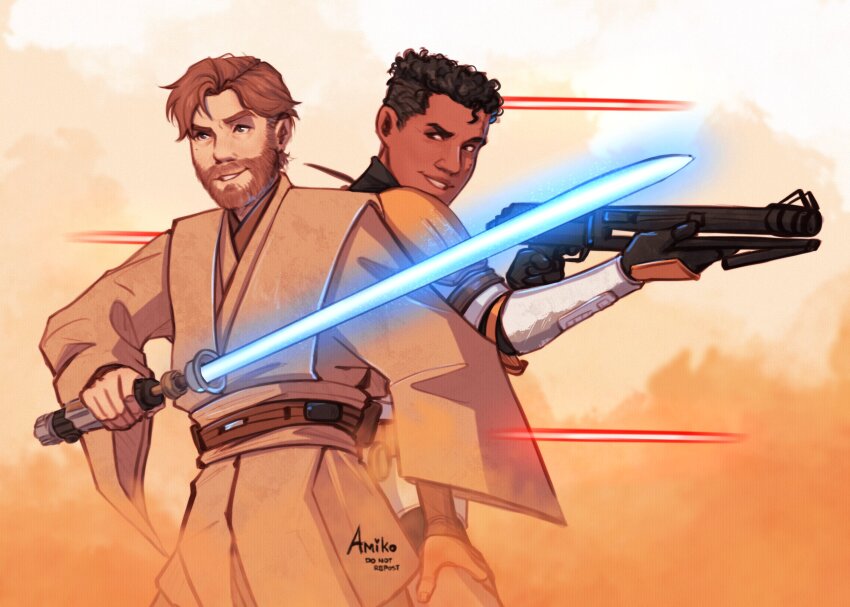2boys amikoroyai armor beard black_hair blue_lightsaber brown_hair brown_tunic dark-skinned_male dark_skin day energy_sword facial_hair gun highres holding holding_gun holding_sword holding_weapon laser lightsaber may_the_4th multiple_boys obi-wan_kenobi outdoors short_hair signature star_wars sword tunic weapon