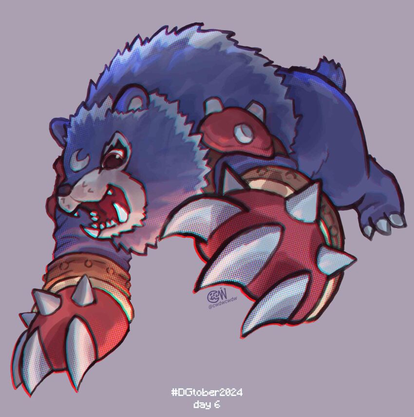 absurdres artist_logo blue_fur body_fur commentary cwdw digimon digimon_(creature) english_text fangs grey_background gryzmon highres logo sharp_teeth simple_background solo teeth