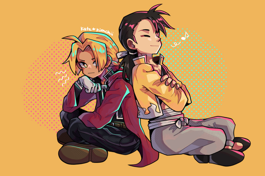 2boys black_hair black_pants blonde_hair closed_eyes closed_mouth commentary crossed_arms edward_elric english_commentary fruiitlins full_body fullmetal_alchemist grey_pants highres indian_style jacket ling_yao long_hair long_sleeves looking_at_another male_focus multiple_boys musical_note orange_background pants shoe_soles shoes simple_background sitting yellow_eyes yellow_jacket