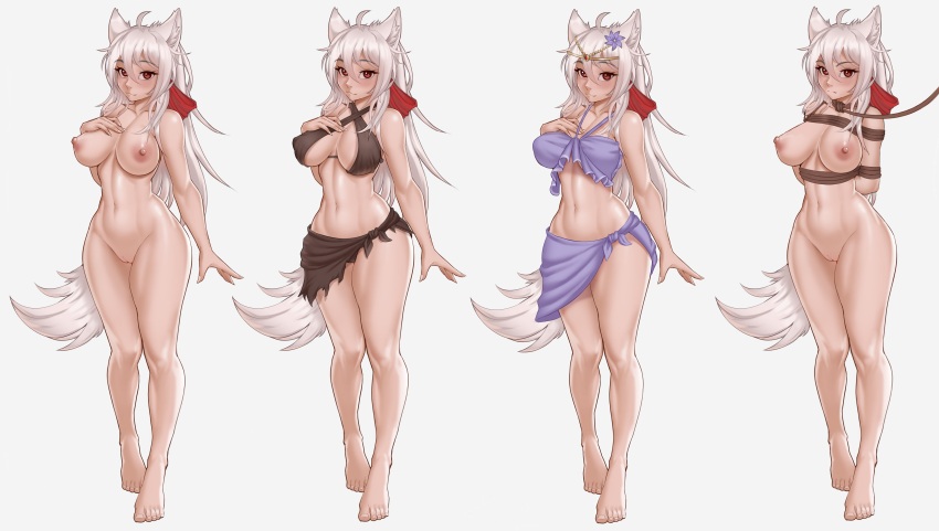 1girl absurdres animal_ears bound cleft_of_venus completely_nude concept_art highres loincloth long_hair nipples nude raksha_wolf_sister red_eyes tail the_jungle_book tied_up tribal underwear weelzelu white_hair wolf_ears wolf_girl wolf_tail