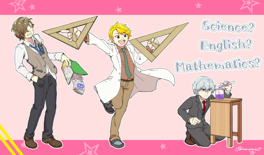 3boys atataizumi belt blonde_hair book brown_hair buttons collared_shirt english_text fingernails formal_clothes formal_clothes full_body glasses grey_hair grey_socks hair_between_eyes hair_over_one_eye hazama_michio holding holding_book idolmaster idolmaster_side-m lab_coat long_sleeves maita_rui multiple_boys necktie open_mouth s.e.m_(idolmaster) sandals shirt shoes smile socks suit vest yamashita_jiro