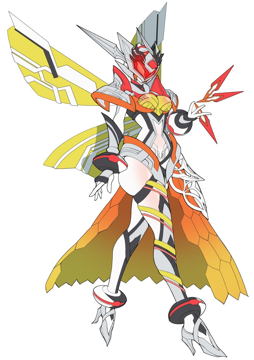 1girl absurdres anklet antennae armor belt bodysuit breastplate breasts catball1994 commentary dress high_heels highres holding honeycomb_(pattern) insect_wings jewelry kamen_rider kamen_rider_aguilera kamen_rider_revice kunai medium_breasts orange_skirt queen_bee_genome simple_background skirt solo stylistic tokusatsu weapon white_background white_bodysuit white_footwear wings