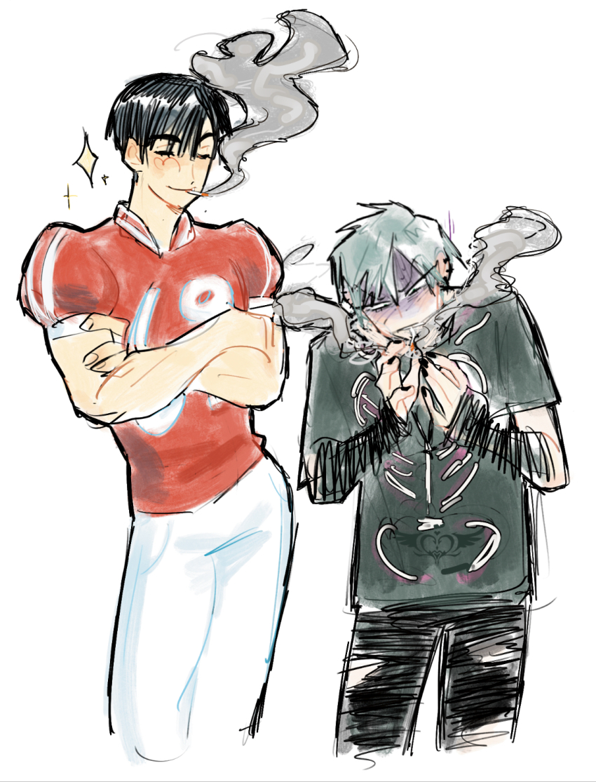2boys alien_stage american_football_uniform black_hair black_nails black_pants black_shirt cigarette closed_eyes commentary crossed_arms english_commentary grey_hair hawk_till highres ivan_(alien_stage) jersey male_focus multiple_boys official_alternate_costume pants red_shirt shirt short_hair short_sleeves skeleton_print smoke smoking sportswear till_(alien_stage) very_short_hair white_pants