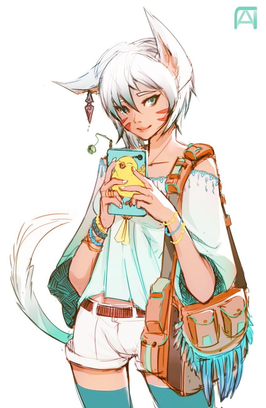 10s 1girl animal_ears bare_shoulders blue_eyes camera_phone casual cat_ears cat_tail cellphone chocobo earrings facial_mark fat_chocobo female_focus final_fantasy final_fantasy_xiv highres jewelry looking_at_viewer lpchan miqo&#039;te phone short_hair shorts simple_background solo standing tail thighhighs warrior_of_light_(ff14) white_hair