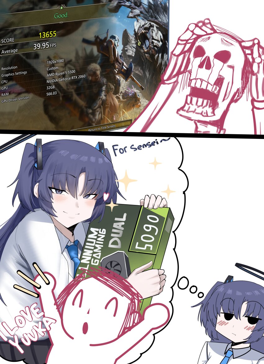 1boy 1girl :/ \o/ absurdres arms_up black_halo black_skirt blue_archive blue_necktie blush box cliov closed_mouth collared_shirt doodle_sensei_(blue_archive) english_text game_screenshot_inset geforce_rtx_5090 graphics_card hair_ornament halo hands_up heart highres holding holding_box jitome long_hair looking_at_viewer monster_hunter_(series) monster_hunter_wilds necktie outstretched_arms pleated_skirt purple_eyes purple_hair sensei_(blue_archive) shirt simple_background skeleton skirt smile sparkle speech_bubble thought_bubble two_side_up white_background white_shirt yuuka_(blue_archive)