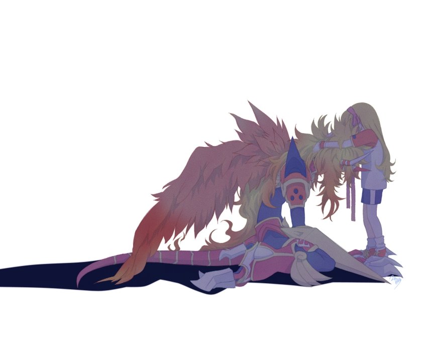 aldamon armor blonde_hair digimon highres horn hug wings