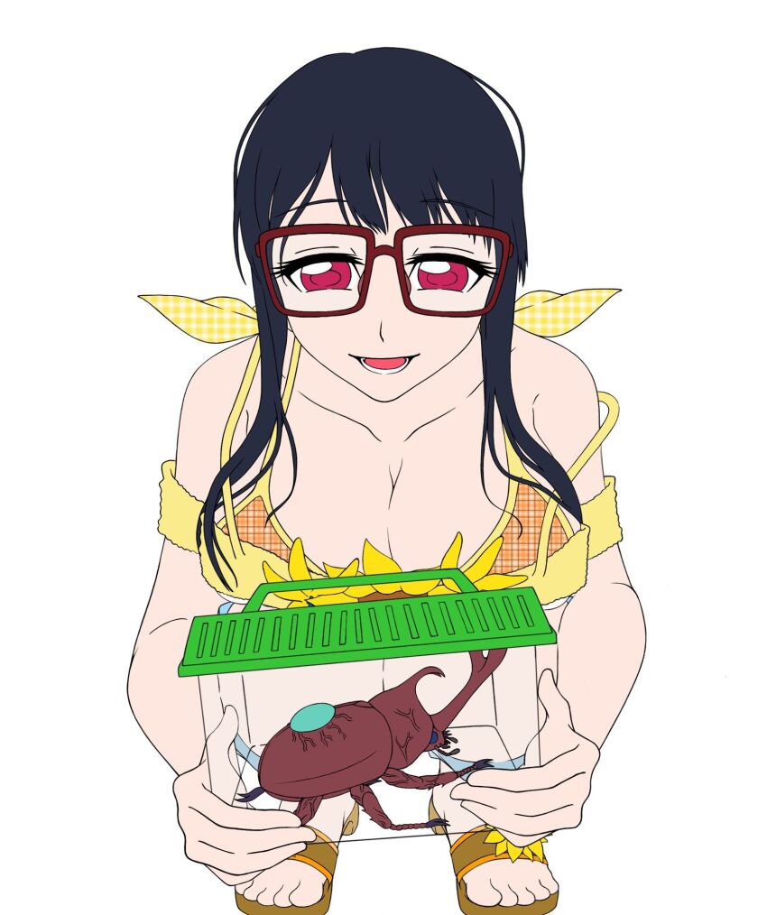 1girl atlurkabuterimon atlurkabuterimon_(red) black_hair breasts bug digimon glasses highres looking_at_viewer mochizuki_meiko red_eyes