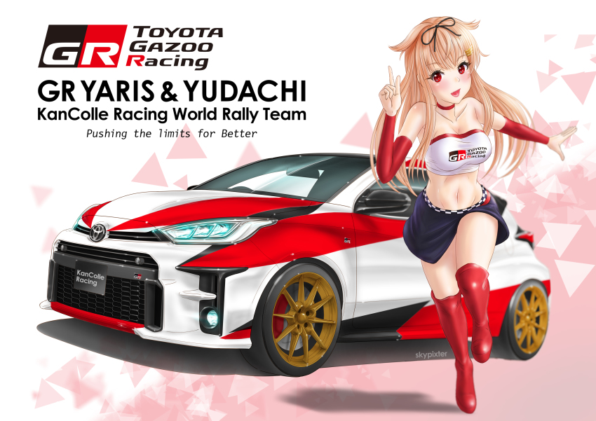 1girl absurdres alternate_costume black_ribbon black_skirt blonde_hair boots car commentary_request crop_top detached_sleeves english_text female_focus hair_flaps hair_ribbon highres index_finger_raised kantai_collection logo long_hair looking_at_viewer midriff motor_vehicle race_queen red_boots red_eyes ribbon running skirt skypixter solo toyota toyota_gr_yaris vehicle_focus yuudachi_(kancolle) yuudachi_kai_ni_(kancolle)