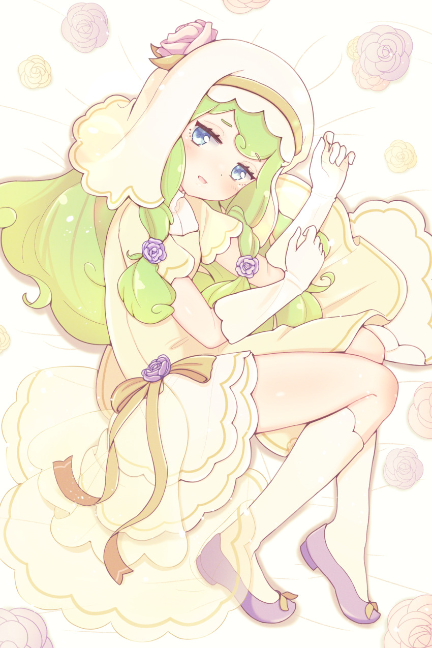 1girl bed_sheet blue_eyes curly_hair dot_nose dress elbow_gloves flats flower frilled_dress frills full_body gloves green_hair hair_flower hair_ornament hair_spread_out hand_on_own_arm hand_up hat hat_flower high-low_dress high-low_skirt highres irene_(puyopuyo) jazz_grace jitome layered_dress light_blush long_hair long_sidelocks looking_at_viewer looking_to_the_side lying on_side parted_lips pink_flower pink_rose purple_flower purple_footwear purple_rose puyopuyo puyopuyo_quest rose see-through_skirt_layer shadow sidelocks socks solo split_mouth thighs veil wavy_hair white_gloves white_socks yellow_dress yellow_veil