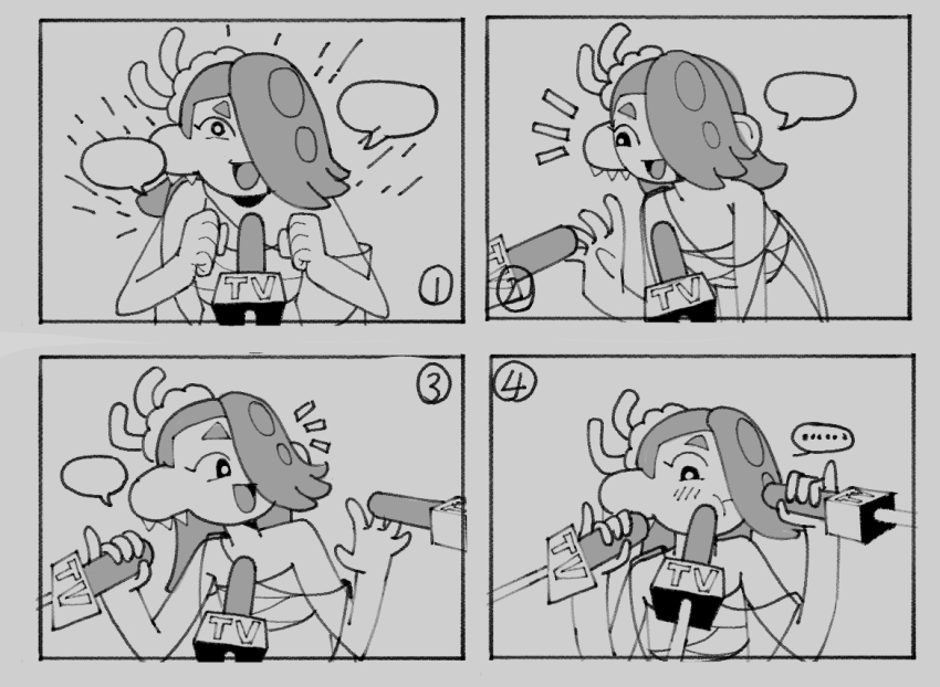 ... 1girl 4koma :t ^^^ blush boom_(pixiv_17287082) capelet chest_sarashi comic greyscale hair_over_one_eye microphone monochrome nintendo octoling open_mouth pinky_out sarashi sexually_suggestive shiver_(deep_cut_outfit)_(splatoon) shiver_(splatoon) smile speech_bubble splatoon_(series) splatoon_3 tentacle_hair upper_body