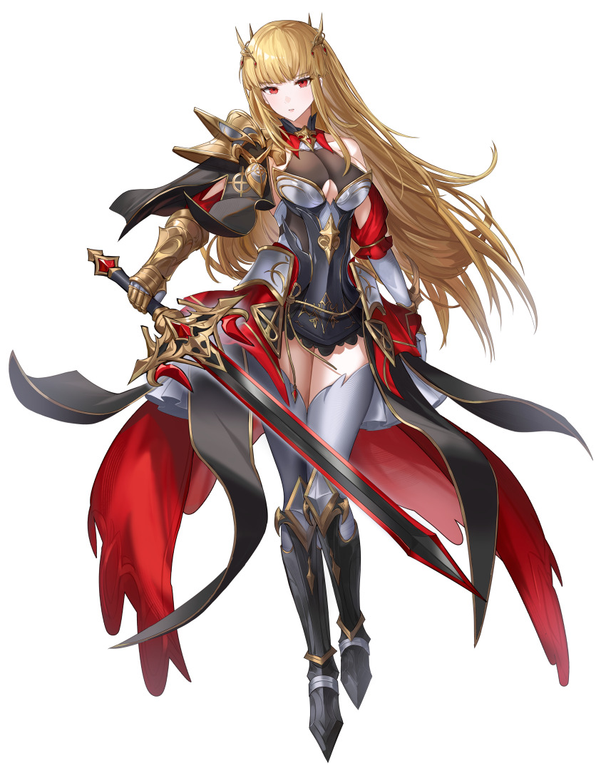 1girl absurdres angelica_(brown_dust) armor armored_dress armored_skirt asymmetrical_gloves blonde_hair breasts brown_dust_(series) brown_dust_2 cape center_opening cleavage cleavage_cutout clothing_cutout dress expressionless eyebrows_hidden_by_hair full_body gauntlets gloves greatsword greaves grey_dress grey_thighhighs hair_ornament highres holding holding_sword holding_weapon kachi knee_pads light_blush long_hair looking_at_viewer medium_breasts red_cape red_eyes simple_background single_shoulder_pad solo sword thighhighs very_long_hair waist_cape weapon white_background white_gloves