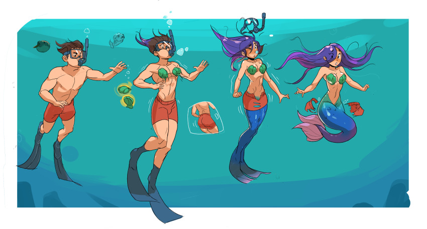 1boy 1girl absurdres air_bubble brown_hair bubble diving fish flippers genderswap genderswap_(mtf) goggles highres male_swimwear mermaid monster_girl monsterification open_mouth original puffer_fish purple_hair sequential shell shell_bikini snorkel snorkel_in_mouth snorkel_mask surprised swim_trunks swimming swimsuit topless_male transformation underwater zrav7853