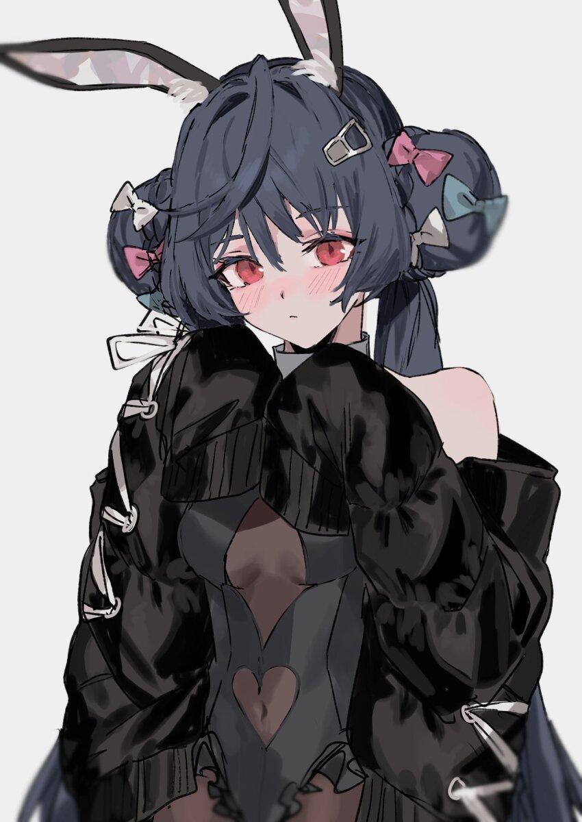 1girl allen_m._sumner_(azur_lane) allen_m._sumner_(charming_rabbit)_(azur_lane) animal_ears aogisa azur_lane black_jacket black_leotard blue_hair blue_ribbon breasts clothing_cutout fake_animal_ears frilled_leotard frills hair_bun hair_ribbon hands_up heart_cutout highres jacket leotard medium_breasts official_alternate_costume pink_ribbon playboy_bunny rabbit_ears red_eyes ribbon simple_background sleeves_past_fingers sleeves_past_wrists solo upper_body white_background white_ribbon
