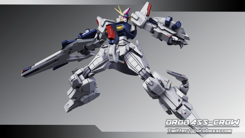 3d absurdres beam_rifle commentary_request earth_federation energy_gun gradient_background gundam gundam_hathaway&#039;s_flash highres inviter_oro machinery mecha mobile_suit no_humans odysseus_gundam realistic robot shield signature v-fin weapon