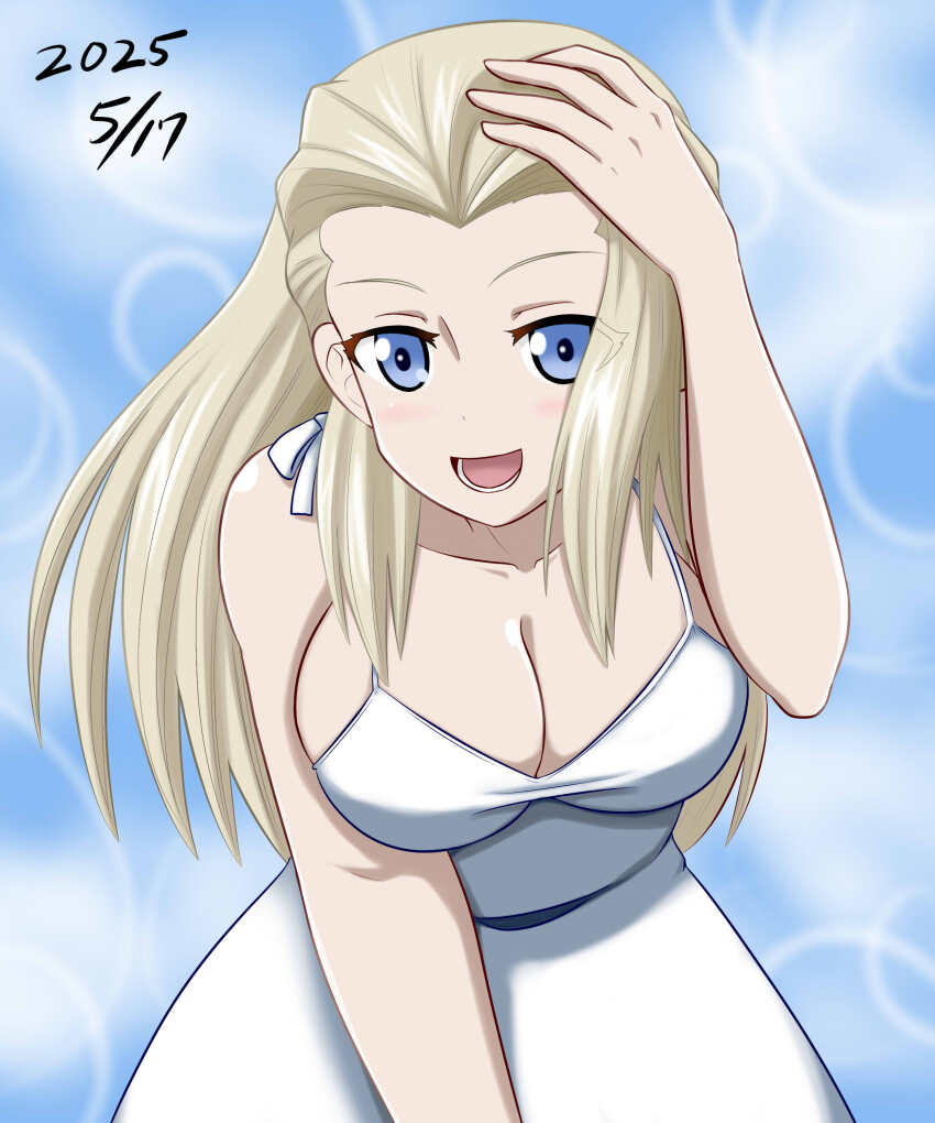 1girl absurdres bare_arms blonde_hair blue_background blue_eyes bow breasts bubble_background clara_(girls_und_panzer) dated dress eyes_visible_through_hair girls_und_panzer hair_between_eyes hand_in_own_hair happy_birthday highres large_breasts long_hair looking_at_viewer lower_teeth_only megi2009 navel open_mouth sleeveless smile solo teeth white_bow white_dress