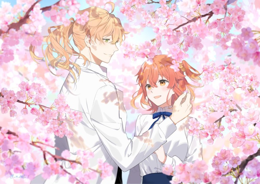 1boy 1girl :d ahoge alternate_costume artoria_pendragon_(fate) blue_bow blue_skirt blush bow bowtie cherry_blossoms collared_shirt commentary_request cosplay fate/grand_order fate_(series) flower fujimaru_ritsuka_(female) fujimaru_ritsuka_(female)_(anniversary_blonde) green_eyes hair_ornament hair_scrunchie hand_up long_hair long_sleeves looking_at_another n_oel official_alternate_costume one_side_up open_mouth orange_eyes orange_hair pink_flower ponytail romani_archaman saber_(fate) saber_(fate)_(cosplay) scrunchie shirt side_ponytail skirt smile upper_body white_shirt
