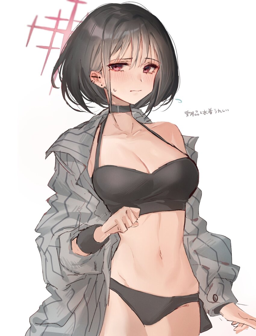 1girl absurdres black_choker black_hair black_panties blue_archive blush breasts camisole choker cleavage collarbone commentary_request cowboy_shot crop_top grey_shirt highres kaguura_(kagu) long_sleeves looking_at_viewer medium_breasts midriff misaki_(blue_archive) misaki_(swimsuit)_(blue_archive) navel no_pants open_clothes open_shirt panties pink_eyes shirt short_hair simple_background solo standing stomach underwear white_background