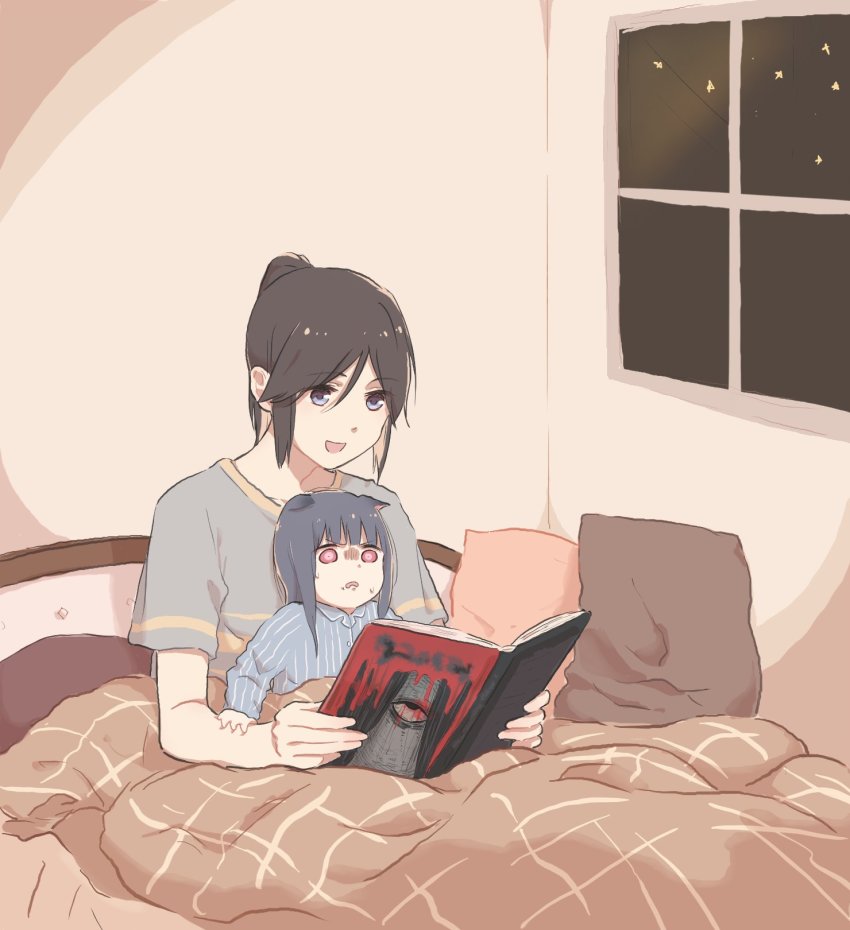 2girls :d aged_down animal_ears blue_eyes book cat_ears chibi comforter commentary hibike!_euphonium highres holding_another&#039;s_arm indoors kasaki_nozomi kemonomimi_mode lyy multiple_girls night night_sky on_bed open_mouth pajamas pillow ponytail reading red_eyes sky smile star_(sky) starry_sky striped_clothes striped_pajamas sweat under_covers yoroizuka_mizore