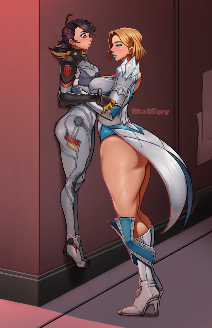 2girls absurdres artist_name ass black_hair blonde_hair blue_lips bodysuit boots breasts emma_frost grey_bodysuit high_heel_boots high_heels highres large_breasts lauren_phillips_lifting_alice_merchesi_(meme) lifting_person maispy marvel marvel_rivals meme multiple_girls peni_parker short_hair standing thighs white_boots
