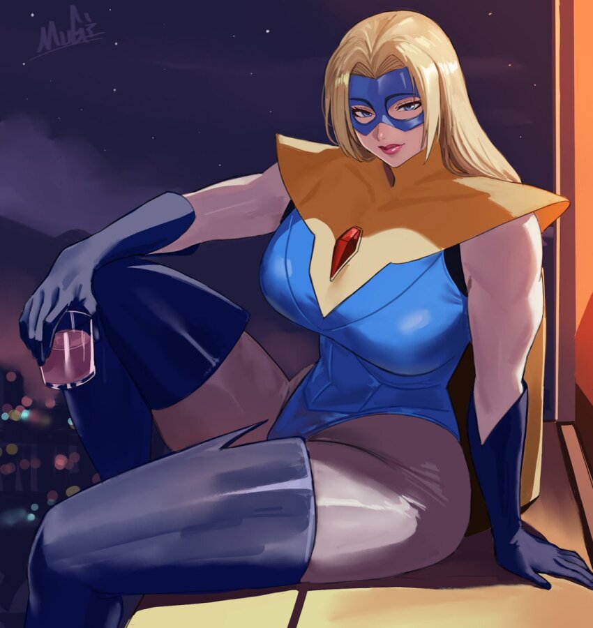 1boy 1girl blonde_blazer blonde_hair blue_eyes blue_gloves blue_mask blush bodysuit breasts cape cup dispatch domino_mask eye_mask glass gloves highres holding holding_cup lips long_hair mask mugi_(mugit49) sitting smile superhero_costume yellow_cape