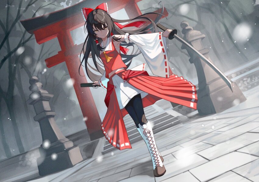 1girl adapted_costume armpits black_pantyhose boots bow chest_sarashi commentary_request detached_sleeves dutch_angle frilled_hair_tubes frills hair_bow hair_tubes hakurei_reimu holding holding_sword holding_weapon knee_boots lace-up_boots long_hair long_sleeves pantyhose red_bow red_shirt red_skirt sarashi shirt skirt sleeveless sleeveless_shirt solo stairs sword touhou very_long_hair weapon white_boots white_shirt wide_sleeves xyunx yellow_eyes