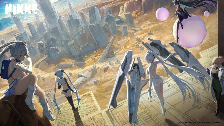 5girls abe_(nikke) absurdres aqua_hair armored_leotard armpit_cutout ass back backpack bag ball black_bodysuit black_hair blue_eyes blue_hair blue_skirt bodysuit breasts breasts_on_lap building canyon cho_gum cinderella_(nikke) city cityscape cleavage_cutout clipboard clothing_cutout coat colored_inner_hair commentary_request copyright_name copyright_notice detached_sleeves elbow_gloves floating folded_hair frills from_above from_behind glasses gloves goddess_(nikke) goddess_of_victory:_nikke gretel_(nikke) grey_hair hair_intakes hair_over_one_eye hansel_(nikke) high-waist_skirt highres holding holding_clipboard horns id_card lab_coat lanyard large_breasts leg_cutout leotard light_blue_hair little_mermaid_(nikke) long_hair machinery mechanical_horns mechanical_wings microskirt mountainous_horizon multicolored_hair multiple_girls official_art one_eye_covered open_clothes open_coat pencil_skirt randoseru red_eyes revealing_clothes ribbed_sweater see-through_clothes see-through_skirt siblings sitting skirt sky skyscraper standing sweater turtleneck turtleneck_sweater twins valley very_long_hair white_bodysuit white_coat white_footwear white_hair wide_shot wings