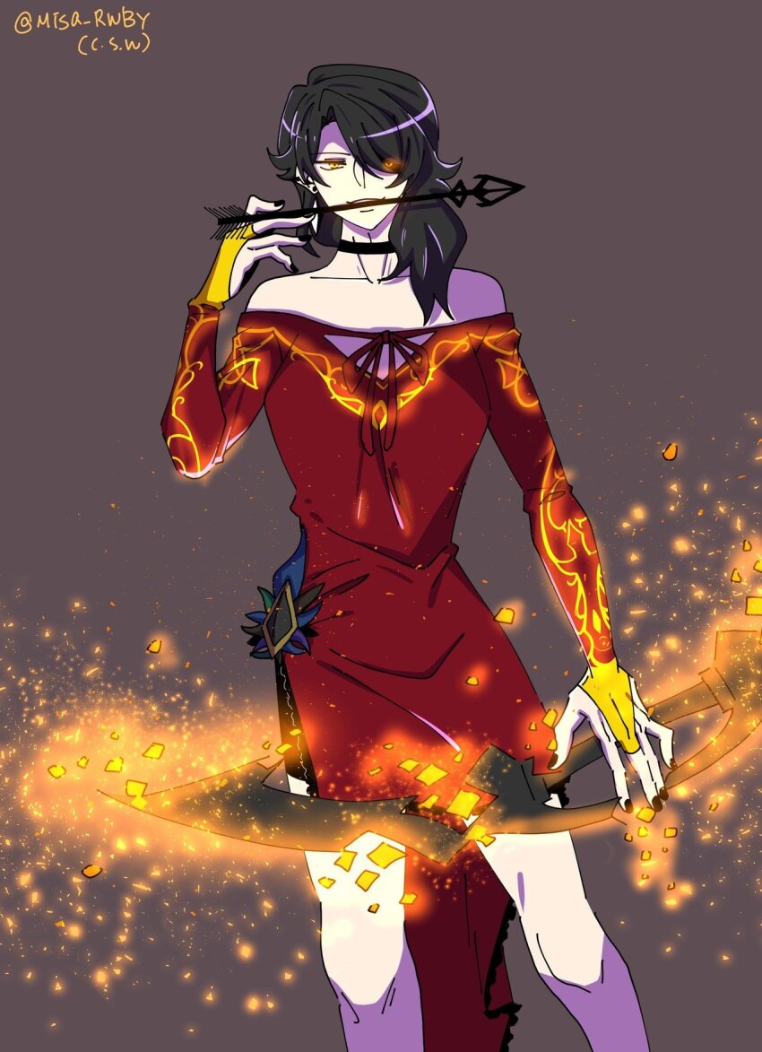 1girl bare_shoulders black_hair black_nails choker cinder_fall dress fire hair_over_one_eye highres long_hair looking_at_viewer misanim red_dress rwby simple_background solo twitter_username upper_body weapon_in_mouth yellow_eyes
