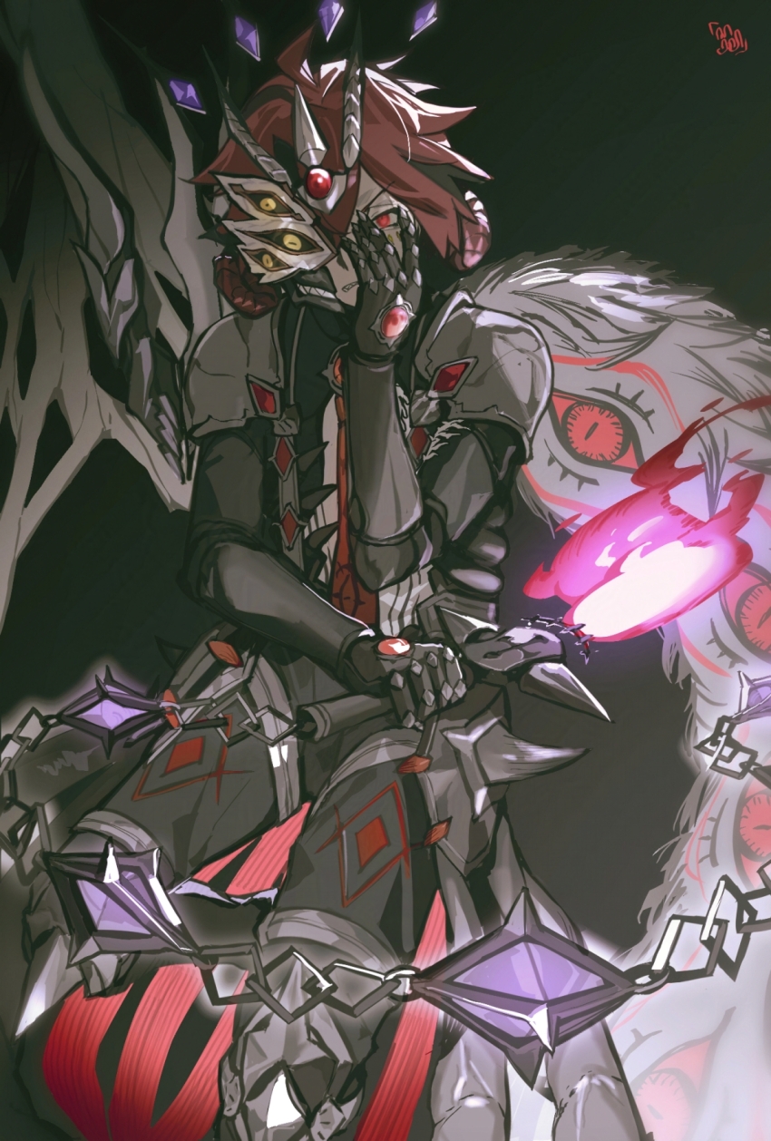 1boy black_wings brown_hair character_request duel_monster forehead_jewel half_mask highres male_focus mask red_eyes sen-jou short_hair simple_background wings yu-gi-oh!